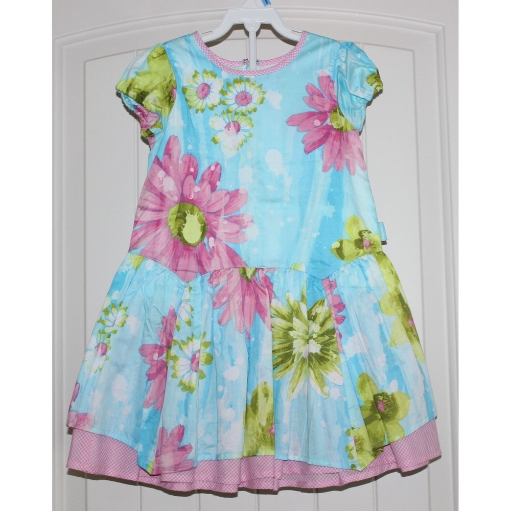 Toddler Girls Boutique European Pampolina Aqua Pink Floral Spring Dress size 2T
